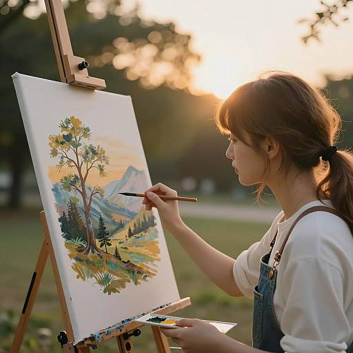 Young Woman Painting Landscape Outdoors