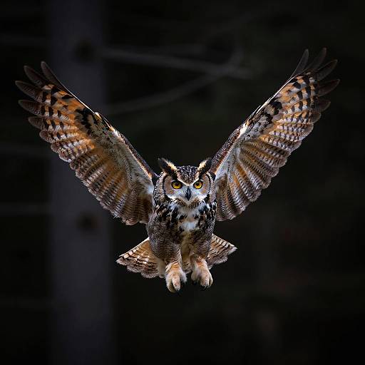 Mid-Flight Great Horned Owl Portrait