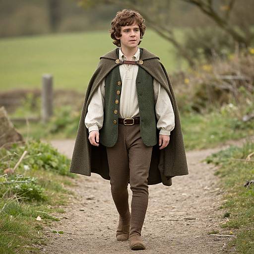Photograph of a young man with curly brown hair, wearing a dark green cloak, white shirt, brown pants, and brown shoes, walking on a