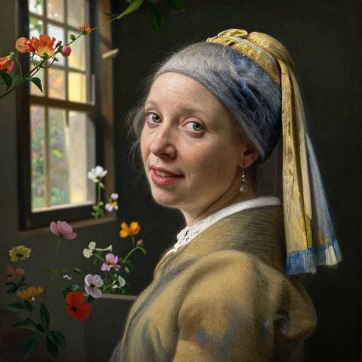 Digital painting of a smiling woman in 17th-century Dutch attire, wearing a yellow and blue headscarf, by a sunlit window with blo