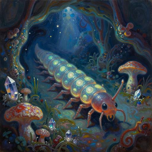Digital fantasy artwork of a glowing, bioluminescent caterpillar with neon spots in a dark, enchanted forest, surrounded by glowing mushrooms and crystals.