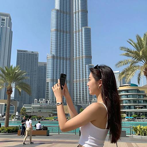 Young woman taking photo at Burj Khalifa Dubai
