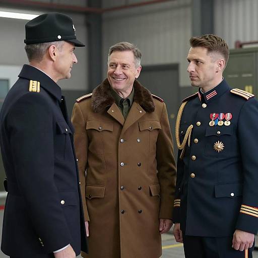 Three men in military uniforms indoors