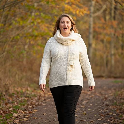 Photograph of a smiling woman with light brown hair, wearing a white knit sweater, black pants, walking on a leaf-strewn autumn path.