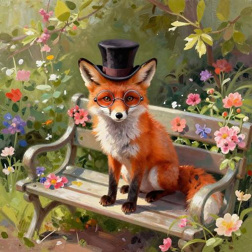 Digital painting of a red fox with round glasses and a black top hat, sitting on a wooden bench in a colorful, flower-filled garden.
