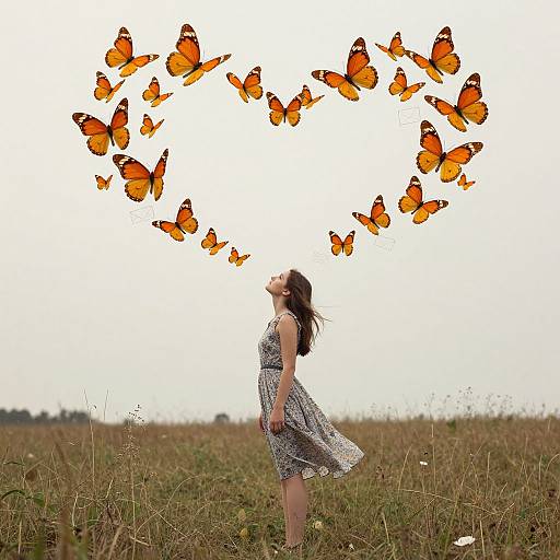 Young Woman with Swirling Dress and Heart-Shaped Butterfly Swarm