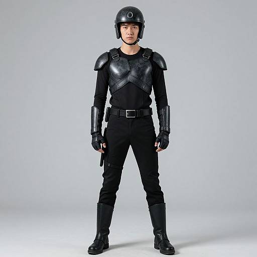 Photograph of a young Asian man in black tactical gear, including a helmet, armor, gloves, pants, and boots, standing against a plain white