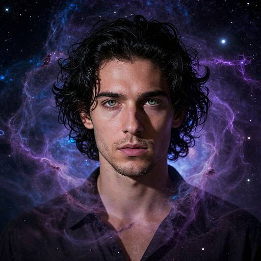 Photograph of a handsome man with curly black hair, blue eyes, and stubble, surrounded by a cosmic purple and blue nebula.