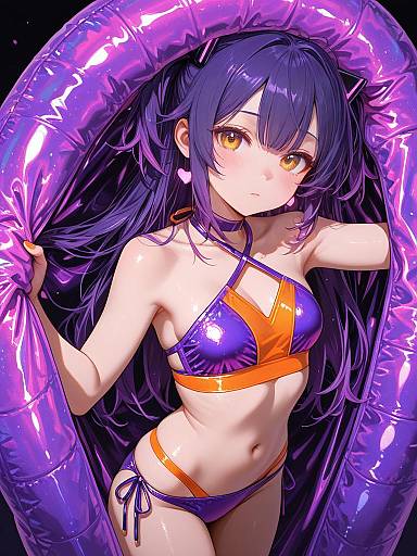 Anime Girl in Neon Orange and Purple Bikini