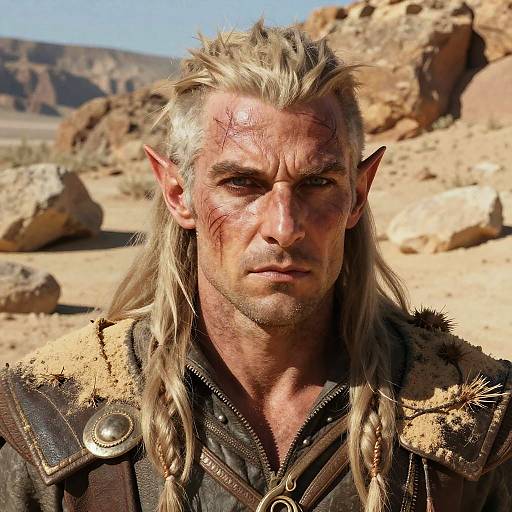 Photograph of a rugged, blonde, long-haired man with elf-like ears, scarred face, and leather armor in a sunlit, rocky desert