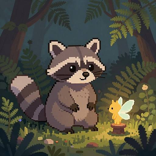 Pixel art of a cute raccoon with large eyes, sitting by a glowing campfire in a dense, dark forest.