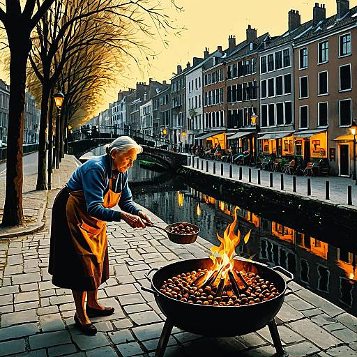 Elderly Woman Roasting Chestnuts by Canal at Golden Hour