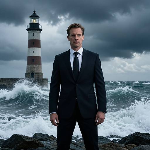 Photograph of a serious, suited man standing in front of a stormy sea with a lighthouse, waves crashing behind him.