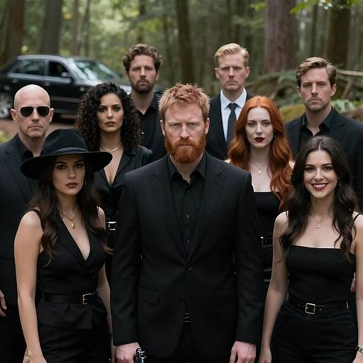 Serious Group in Black Attire in Forest