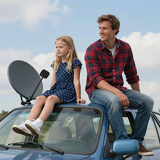 Man and Girl Sitting on Car Roof