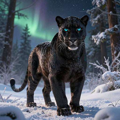 Photorealistic digital artwork of a glowing blue-eyed black panther with intricate tribal markings, standing in a snowy forest under a vibrant green aurora.
