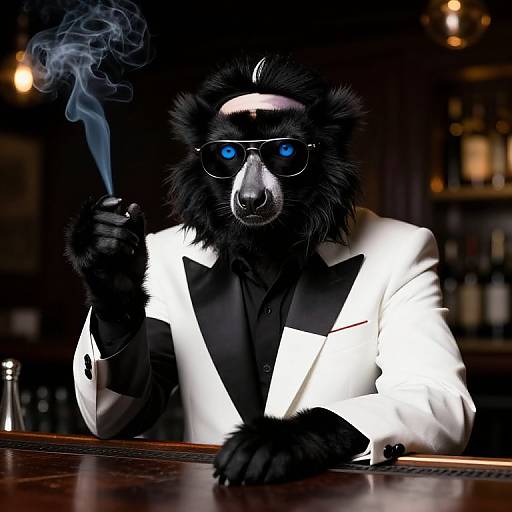 Photograph of an anthropomorphic black lemur in a white tuxedo, smoking a cigar, with glowing blue eyes, in a dimly lit