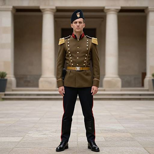 Photograph of a young male cadet in a brown military uniform with gold epaulettes, black pants, and cap, standing in front of