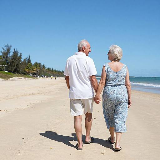 Photograph of an elderly white couple, holding hands, walking on a sunny, deserted beach with clear blue sky and ocean.