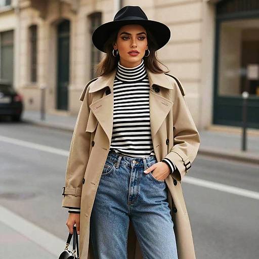 Photograph of a stylish woman with olive skin, dark hair, wearing a black hat, beige trench coat, black-and-white striped turtleneck,