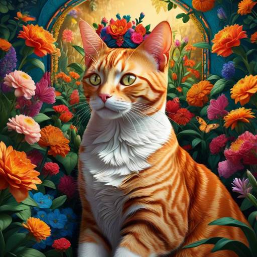 Ginger Cat with Floral Crown in Vibrant Garden
