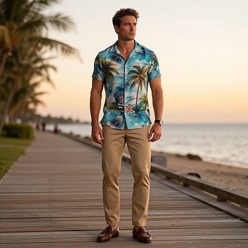 Photograph of a muscular man with short brown hair, wearing a blue tropical shirt, beige pants, and brown shoes, standing on a wooden boardwalk