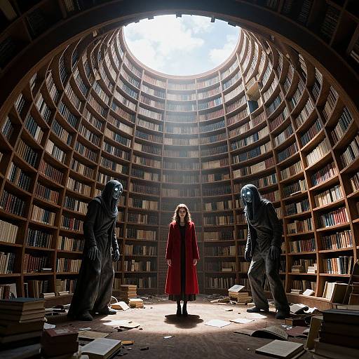 Photograph of a library with circular bookshelves, sunlit through a central skylight. A woman in a red coat stands between two shadow