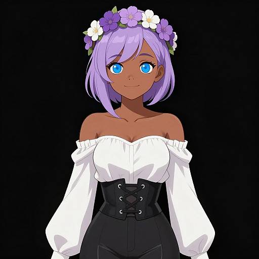Digital anime-style drawing of a dark-skinned girl with purple hair, blue eyes, wearing a white off-shoulder top, black corset,