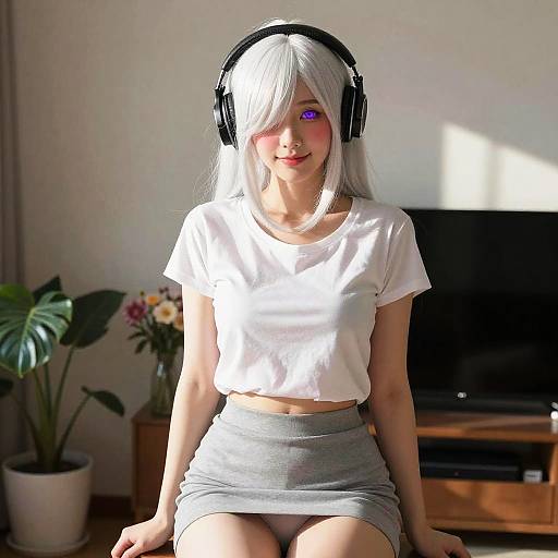 Young Woman with White Hair and Headphones