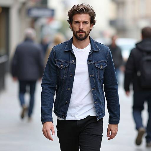 Photograph of a handsome, bearded man with wavy brown hair, wearing a denim jacket over a white tee, walking down a bustling city street