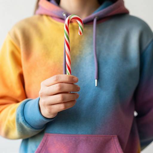 Photograph of a person holding a red and white striped candy cane, wearing a multicolored hoodie, with a blurred white background.