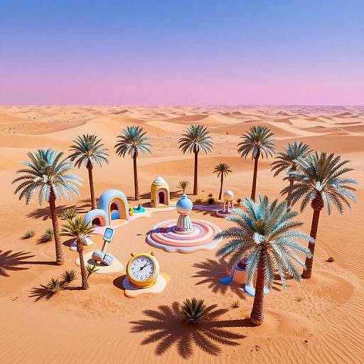 Digital art: Desert oasis with blue-domed buildings, palm trees, and a large clock in bright orange sand under a vivid blue sky.