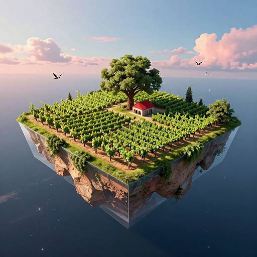 Floating island with lush vineyard, single red house, large tree, and birds, set against a clear blue sky and ocean. Digital artwork.