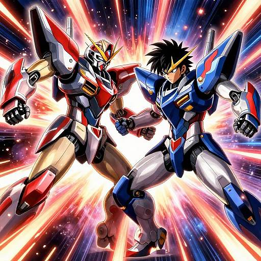 Dynamic anime-style digital drawing of two colorful, armored mecha warriors in mid-fight, surrounded by radiant, explosive light beams.