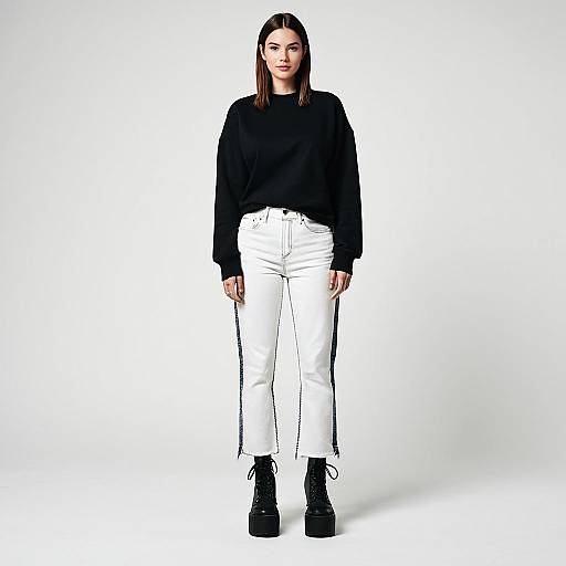Stylish Woman in Black Sweatshirt and White Jeans