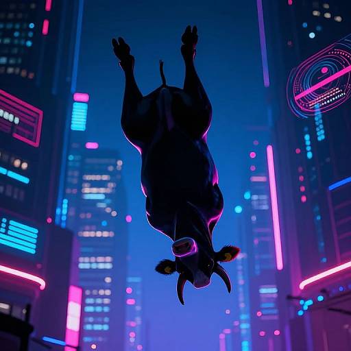Neon-lit, cyberpunk cityscape silhouette of a horned, anthropomorphic creature upside down against vibrant blue and pink digital billboards.