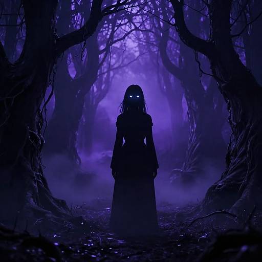 Mysterious silhouetted figure with glowing eyes stands in a dark, eerie purple-lit forest, surrounded by twisted, shadowy trees. Digital