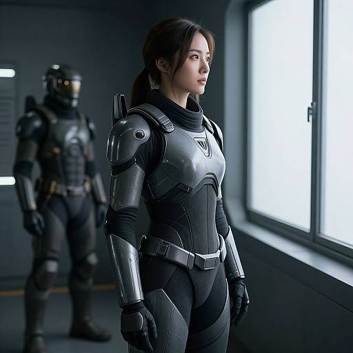 Photorealistic CGI of a serious, brown-haired woman in black, metallic armor standing near a bright window, with a blurred, armored figure in the