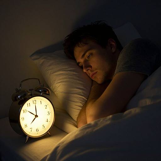 Photograph of a man with tousled brown hair lying in bed, illuminated by a glowing vintage alarm clock, in dim light.