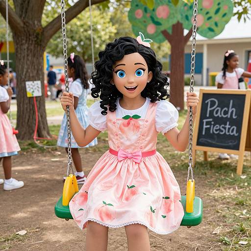 Photograph of a curly-haired, brown-skinned, blue-eyed girl in a pink floral dress, sitting on a yellow-green swing in a sunny park