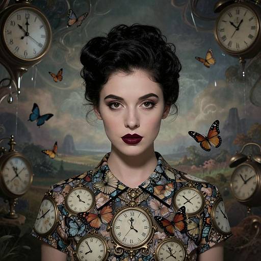 Photograph-style digital art of pale woman with dark hair, red lips, and butterfly-patterned dress, surrounded by floating clocks and butterflies.