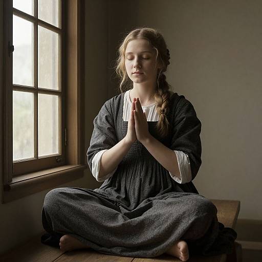 Photograph of a young woman with light brown hair in a braid, wearing a black dress over a white blouse, seated cross-legged by a window