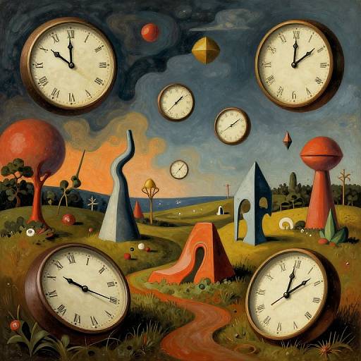 Surrealist painting: Clock faces float above bizarre, red and blue abstract structures in a grassy, twilight landscape with colorful skies and scattered orbs.