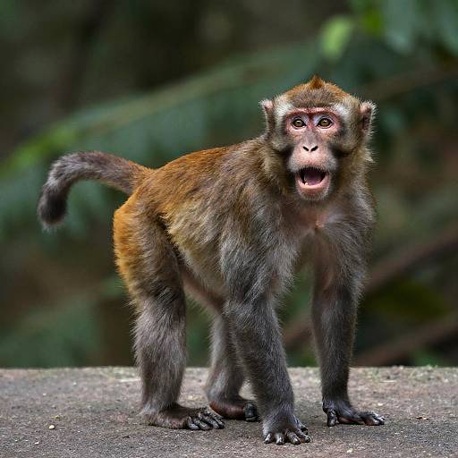 Photograph of a small, brown and gray monkey with an open mouth, standing on a concrete surface, against a blurred green forest background. The monkey