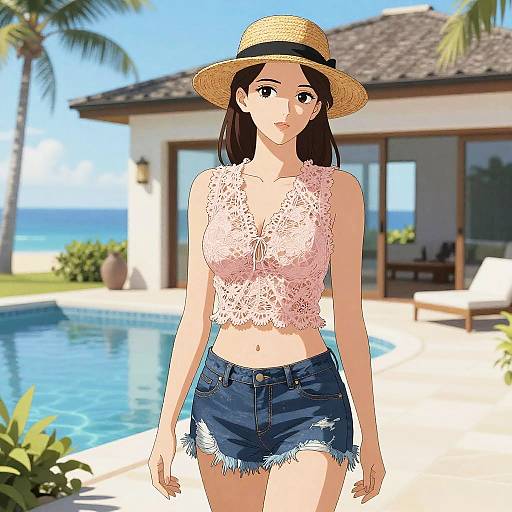 Digital anime-style drawing of a brown-haired woman in a straw hat, pink lace crop top, and frayed denim shorts, standing by a tropical pool