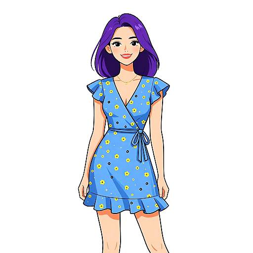Digital illustration of a smiling woman with purple hair, wearing a blue, short-sleeved, V-neck dress with yellow flower patterns. White background.