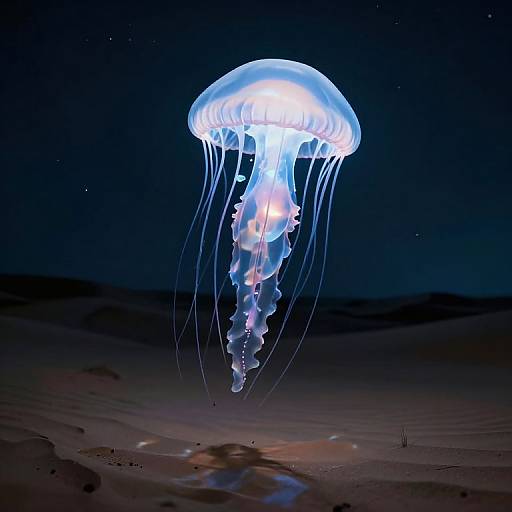 Photograph of a glowing, translucent jellyfish with long, trailing tentacles floating in a dark, starry ocean, illuminated from within.