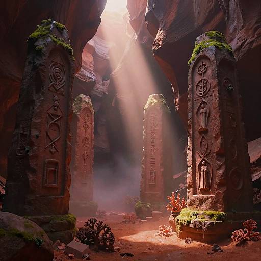 Photorealistic digital artwork of a sunlit, ancient cave featuring three moss-covered, intricately carved stone pillars with symbolic engravings, surrounded by