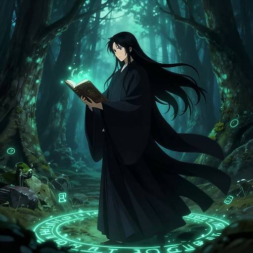 Mysterious anime-style mage with long black hair, dark robes, reading glowing book in enchanted forest, surrounded by magical runes and ethereal light.