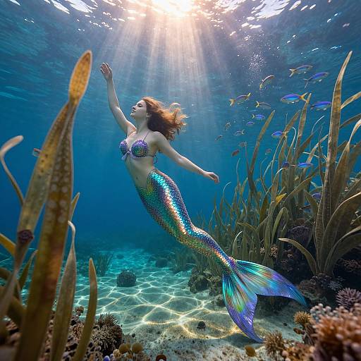 Photograph of a mermaid with iridescent scales, floating underwater, surrounded by fish, sea plants, and sunlight beams illuminating the blue ocean